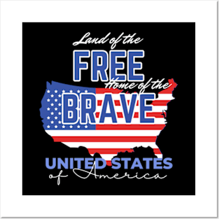 Land of the Free Home of the Brave, Stars and Stripes, American Flag, USA T-Shirt Posters and Art